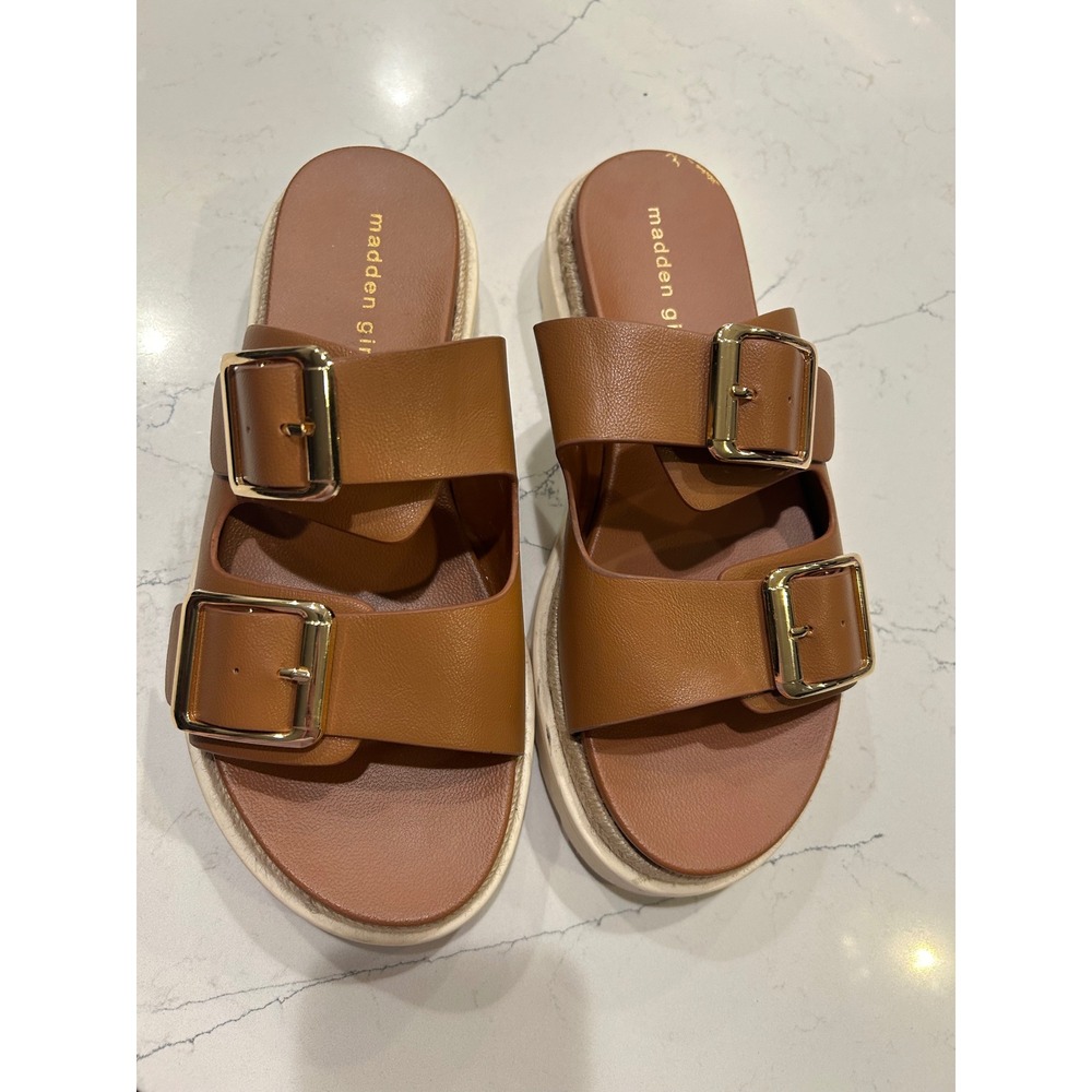 Madden Girl G-Envyy Sandals Cognac Double Buckle Platform Espadrille Slides